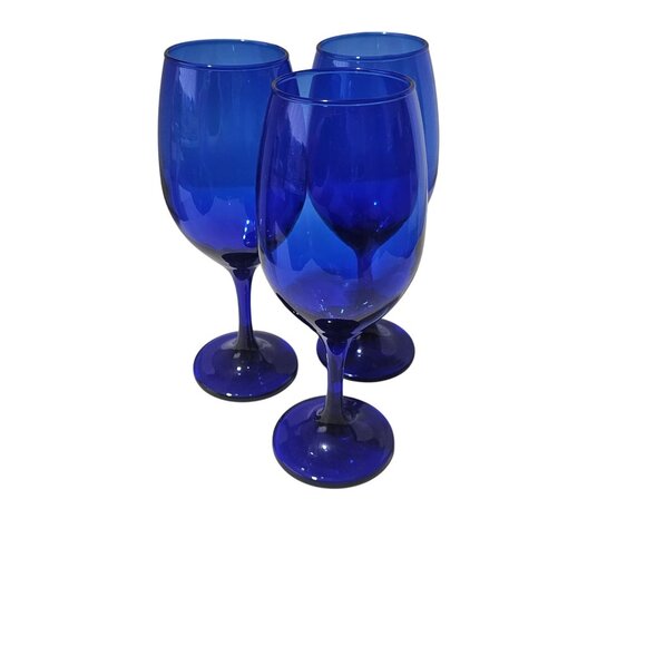 3 Libbey Glass Cobalt Wine Glasses 8" blue glass minimalist vtg presseco - Picture 1 of 6